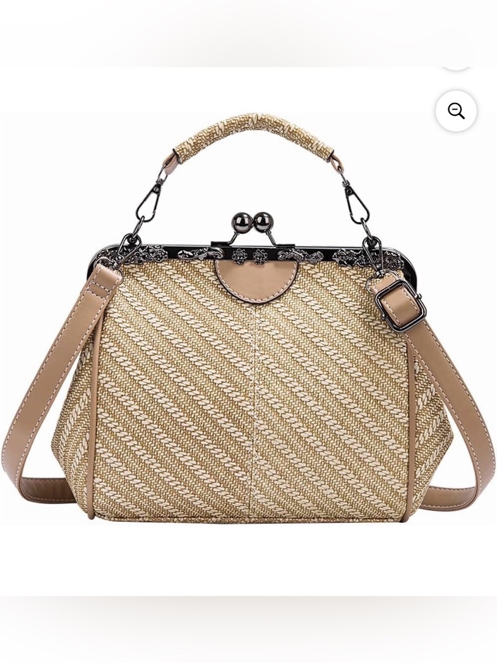 Vintage-style straw and faux leather kiss lock crossbody shoulder bag - NWOT